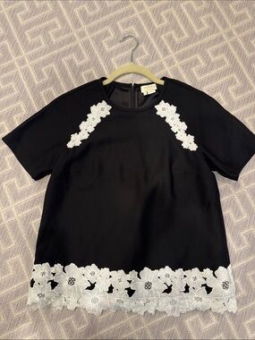 kate spade Black Short Sleeve Top with White Floral Lace Trim